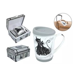 H.C.017-6004 Porcelán utazóbögre 320ml, kartonládikában lakattal, fekete macska, Velence