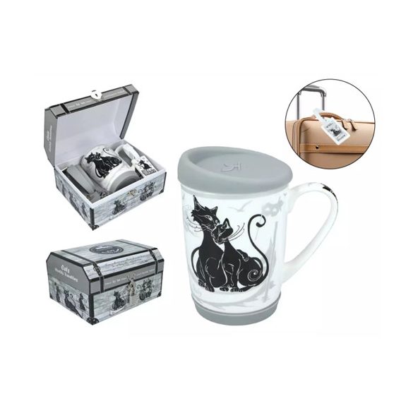 H.C.017-6004 Porcelán utazóbögre 320ml, kartonládikában lakattal, fekete macska, Velence