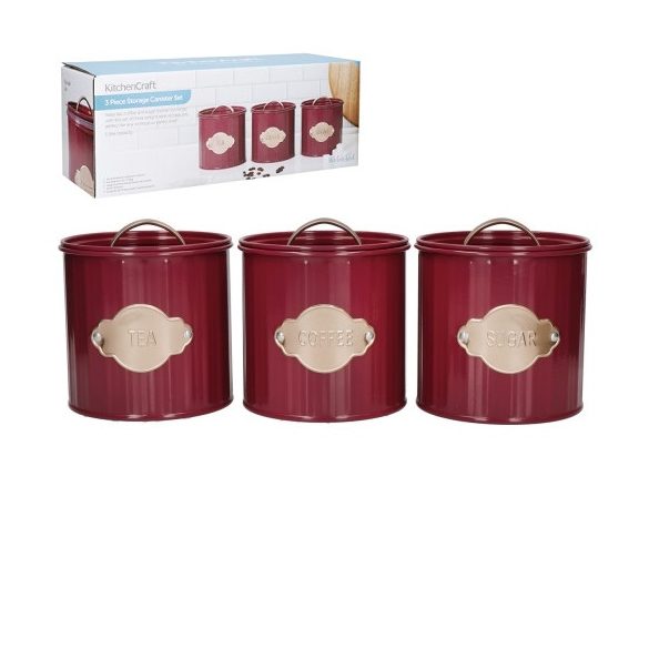 K.C.KCTCSSETBUR Tea/Kávé/Cukortartó fémdobozszett, fémtetővel, 11x11,5cm, 1L, Burgundi
