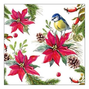 AMB.33314640 Bird on Poinsettia white papírszalvéta 33x33cm, 20db-os