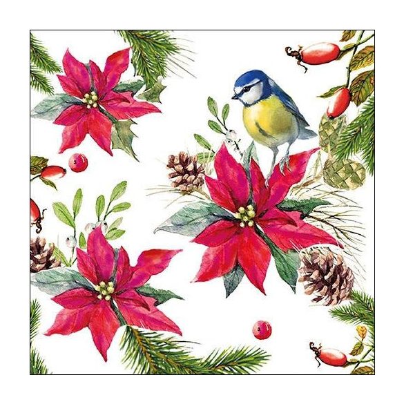 AMB.33314640 Bird on Poinsettia white papírszalvéta 33x33cm, 20db-os