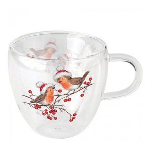 AMB.34418865 Christmas robins white duplafalú borosilicate üvegcsésze 0,25L