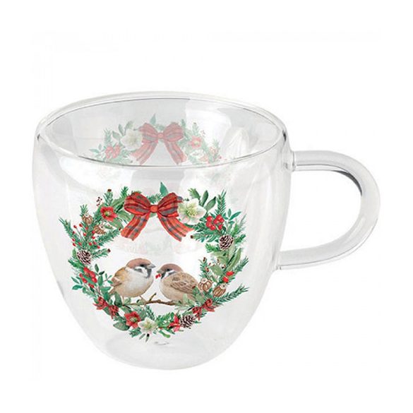 AMB.34418870 Sparrows in wreath duplafalú borosilicate üvegcsésze 0,25L