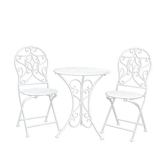 CLEEF.5Y0190 Antikfehér fém rácsos asztal 2 székkel, 60x70/40x40x92cm