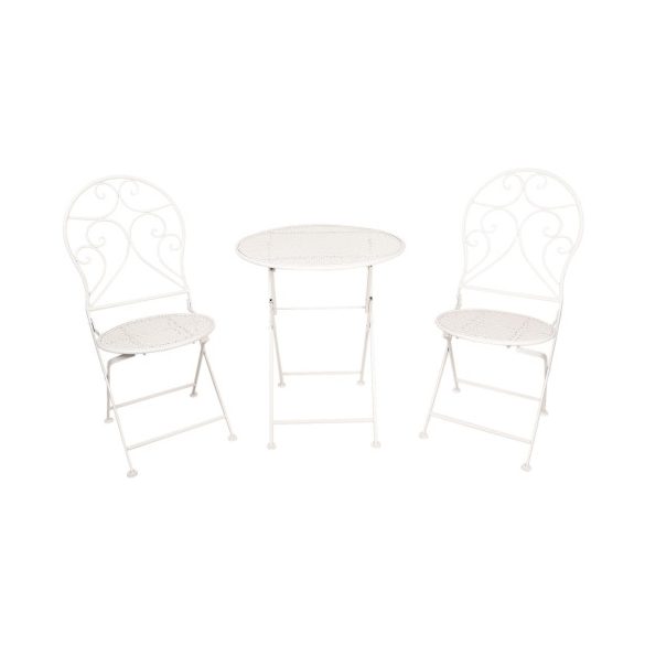CLEEF.5Y0632 Antikolt fehér kovácsoltvas jellegű asztal, 2db székkel 60x70cm/40x40x92cm