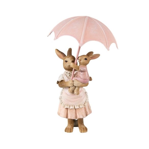 CLEEF.6PR3550 Nyuszimama, ölében nyuszigyerekkel, esernyővel, 8x5x12cm,műanyag dekorfigura
