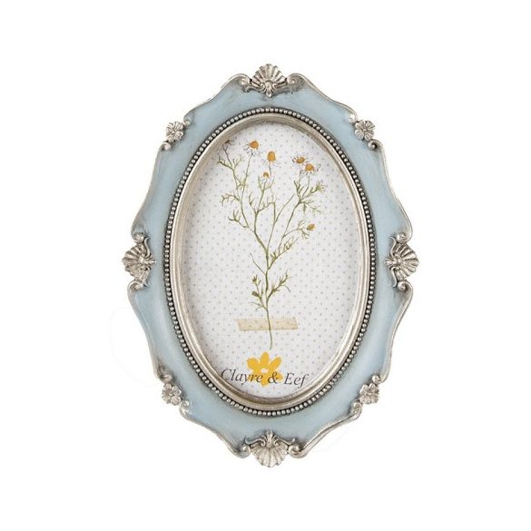CLEEF.2F0993 Ovál képkeret világoskék, ezüstös díszítéssel, 15x2x20/10x15cm, műanyag