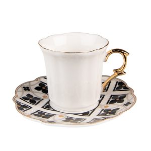 CLEEF.6CEKS0006 Porcelán kávéscsésze+alj 95ml, fekete-fehér-arany