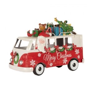 CLEEF.6Y5855 Santa busz LED-es, piros fém dekoráció, 31x15x21cm