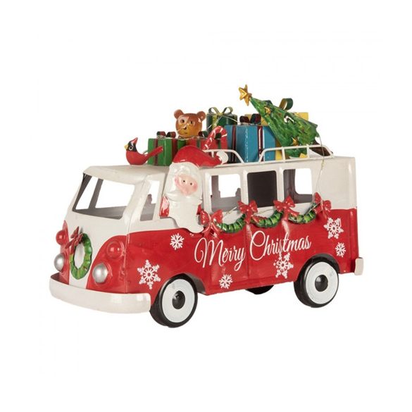 CLEEF.6Y5855 Santa busz LED-es, piros fém dekoráció, 31x15x21cm