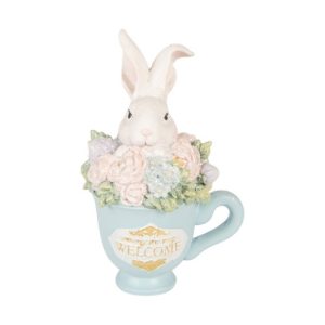 CLEEF.6PR6076 Virágos kék csészében ülő nyuszi, 11x9x16cm, műanyag dekorfigura