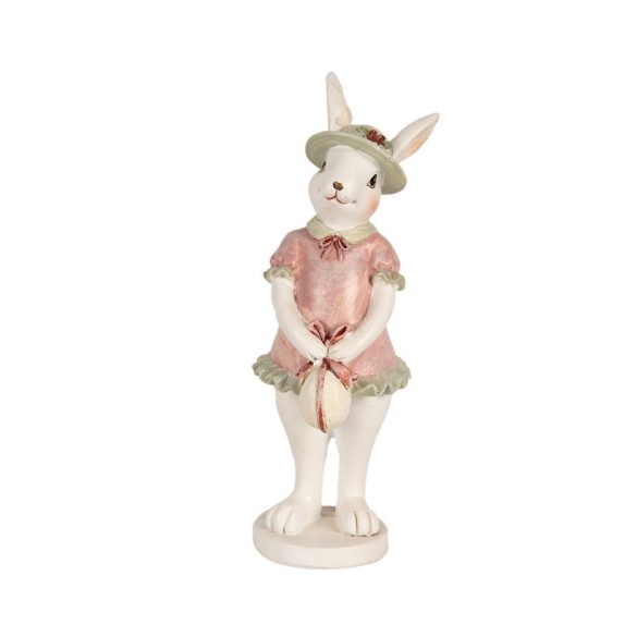 CLEEF.6PR4997 Fehér nyuszilány rózsaszín ruhában, kalapban, masnis tojással, 5x5x15cm, műanyag dekorfigura
