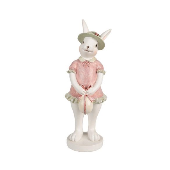 CLEEF.6PR4999 Fehér nyuszilány rózsaszín ruhában, kalapban, masnis tojással, 9x9x26cm, műanyag dekorfigura