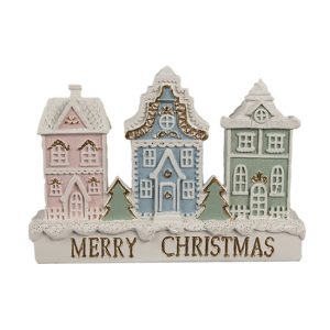 CLEEF.6PR4204 Mézeskalács Merry Christmas házsor színes, 13x4x10cm, műanyag dekorfigura
