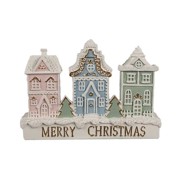 CLEEF.6PR4204 Mézeskalács Merry Christmas házsor színes, 13x4x10cm, műanyag dekorfigura