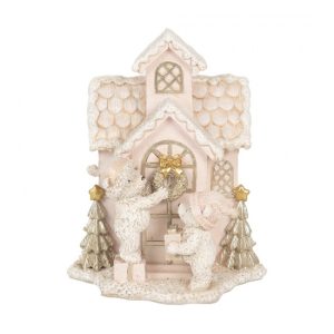 CLEEF.6PR4229 Házikó macikkal LED-es, 15x10x18cm, fehér műanyag dekorfigura