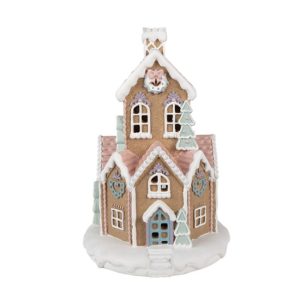 CLEEF.6PR4307 Barna mézeskalács ház LED-es, 21x33cm, műanyag dekorfigura