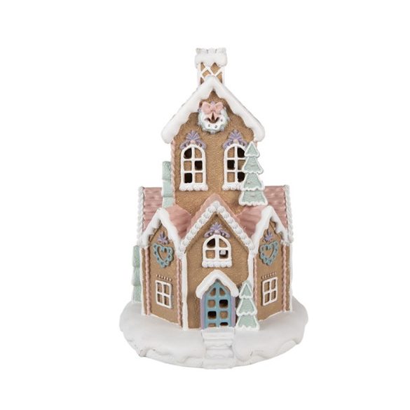 CLEEF.6PR4307 Barna mézeskalács ház LED-es, 21x33cm, műanyag dekorfigura