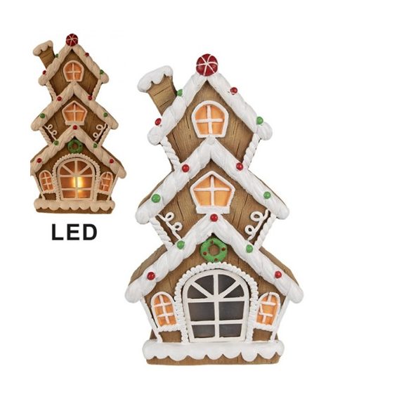 CLEEF.6MG0051 Mézeskalács emeletes házikó 24x11x41cm, LED-es, kerámia dekorfigura