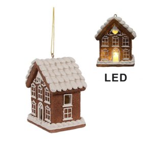 CLEEF.6PR4358 Mézeskalács házikó 8x6x10cm, LED-es műanyag függődísz