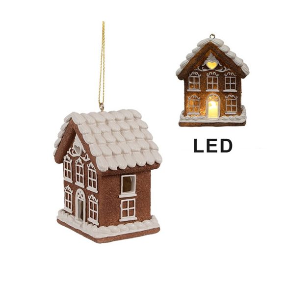 CLEEF.6PR4358 Mézeskalács házikó 8x6x10cm, LED-es műanyag függődísz