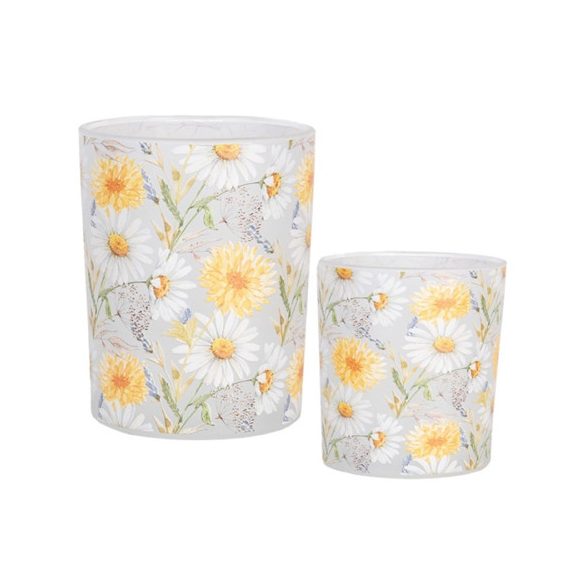 CLEEF.6GL4956 Üveg mécsestartó szett 2 db-os, 7x8/10x13cm, margarétás