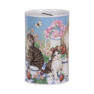 CLEEF.6BL0167 Persely fémdoboz 8x13cm, macskák kék kockás pléden