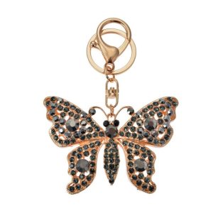 CLEEF.JZKC0169 Fém kulcstartó fekete pillangós, üveggyönggyel, 6x2x8cm