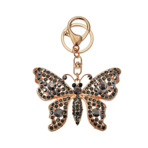 CLEEF.JZKC0169 Fém kulcstartó fekete pillangós, üveggyönggyel, 6x2x8cm