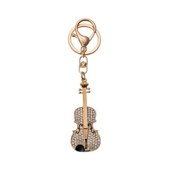 CLEEF.JZKC0135 Fém kulcstartó hegedűvel, ezüst színű üveggyönggyel