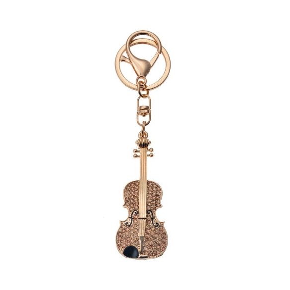 CLEEF.JZKC0126 Fém kulcstartó hegedűvel, arany színű üveggyönggyel