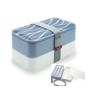 WD.362ONDE Műanyag lunch-box 2 rekeszes, műanyag evőeszközzel, 10x10x18cm, hullámmintás