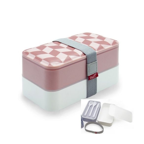 WD.362ROMBI Műanyag lunch-box 2 rekeszes, műanyag evőeszközzel, 10x10x18cm, rombuszmintás