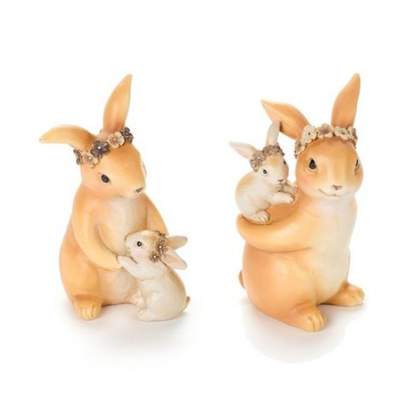 N.S.CY240702B Nyuszi kisnyuszival a hátán, virágkoszorúval, 7x7x12,5cm, műanyag dekorfigura