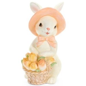 N.S.QHK260201 Kalapos nyuszi tulipánkosárral, 17x11,5x20cm, műanyag dekorfigura