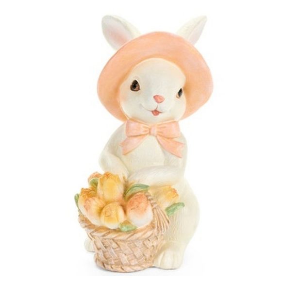 N.S.QHK260201 Kalapos nyuszi tulipánkosárral, 17x11,5x20cm, műanyag dekorfigura