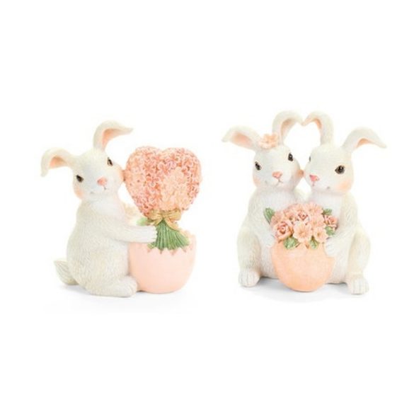 N.S.QHK260203B Nyuszipár rózsaszín virággal, 11x7,5x12cm, műanyag dekorfigura