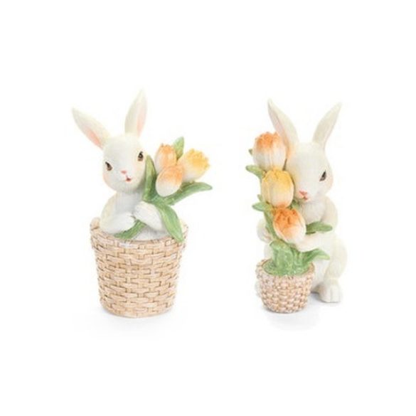 N.S.QHK260204B Nyuszi fonott virágtartós tulipánt ölelve, 8x5x10,5cm, műanyag dekorfigura