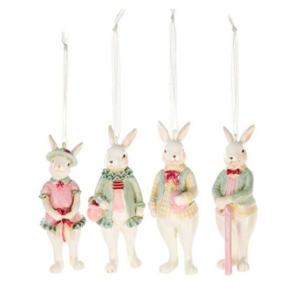 N.S.QHK260205B Fehér nyuszi zöld kabátban, 4x4x10cm, műanyag függődísz figura