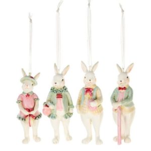 N.S.QHK260205C Fehér nyuszi zöld mellényben, 4x4x10cm, műanyag függődísz figura