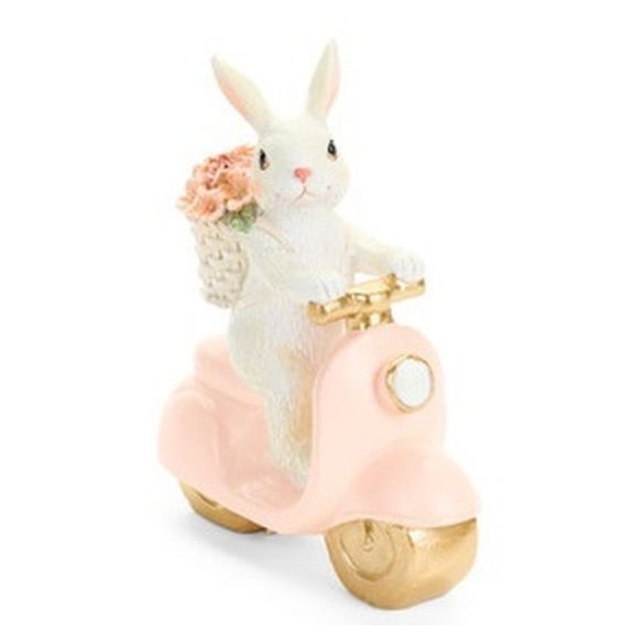 N.S.QHK260211 Nyuszi rózsaszín motoron, 12x5x14cm, műanyag dekorfigura