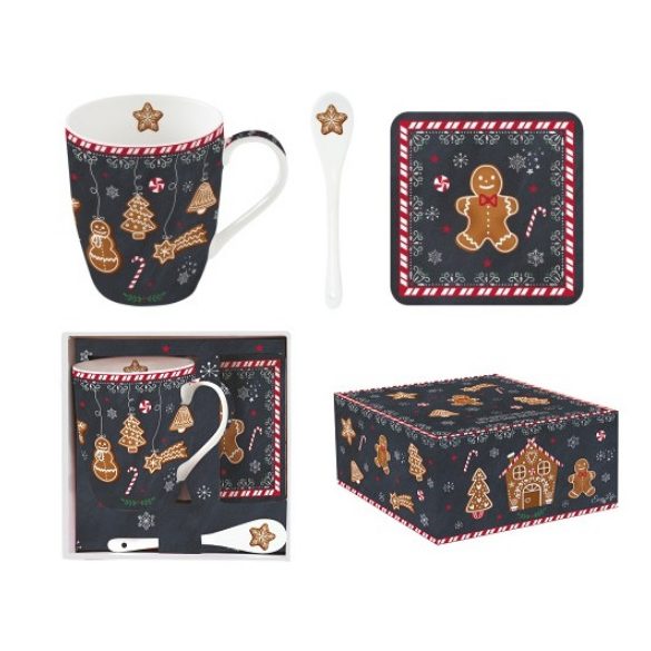 R2S.1045GING Porcelánbögre 350ml porcelánkanállal, parafa poháralátéttel, dobozban, Gingerbread