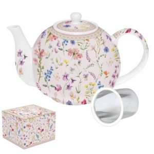 R2S.281SYMP Porcelán teáskanna fémszűrővel, 1l, dobozban, Symphonie Florale