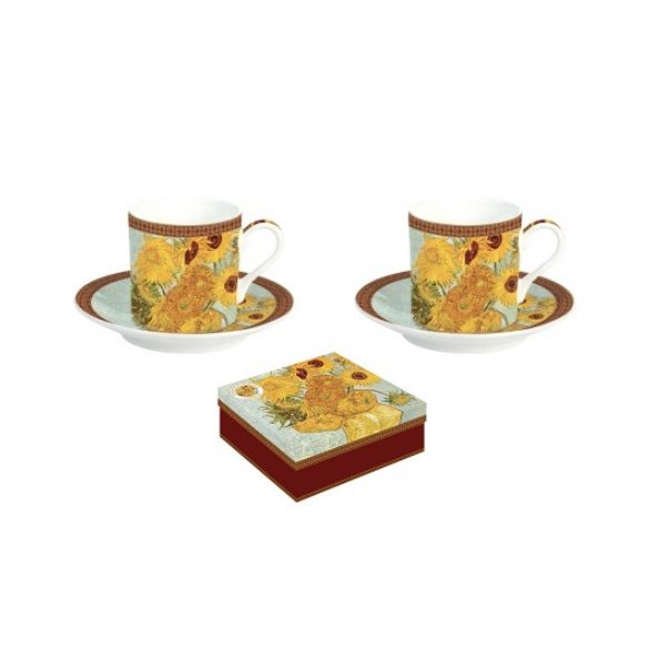 R2S.169VAN1 Porcelán eszpresszócsésze+alj 2 személyes, 75ml, dobozban, Van Gogh: Napraforgók