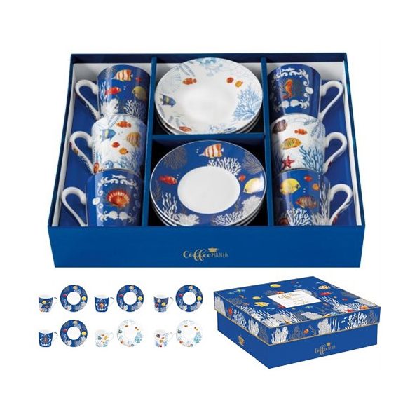 R2S.126AQRM Porcelán eszpresszócsésze+alj 6 személyes 100ml dobozban,Aquarium, Coffee Mania