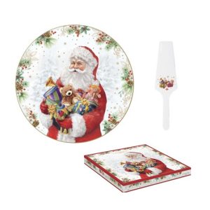 R2S.1112SANC Porcelán tortatál lapáttal, 32cm, dobozban, Santa Is Coming