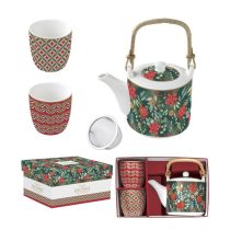   R2S.1467CJOY Porcelán teáskanna 600ml, fémszürővel, 2 porcelánpohárral 160ml, dobozban, Atmosphere, Christmas Joy