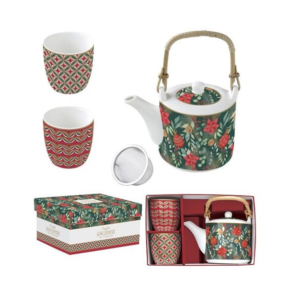 R2S.1467CJOY Porcelán teáskanna 600ml, fémszürővel, 2 porcelánpohárral 160ml, dobozban, Atmosphere, Christmas Joy