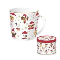   R2S.217CHFD Porcelánbögre 350ml,fémdobozban, Christmas Friends Dogs
