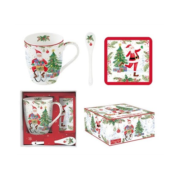 R2S.1045JOYF Porcelánbögre 350ml kanállal, parafa poháralátéttel, dobozban, Joyful Santa